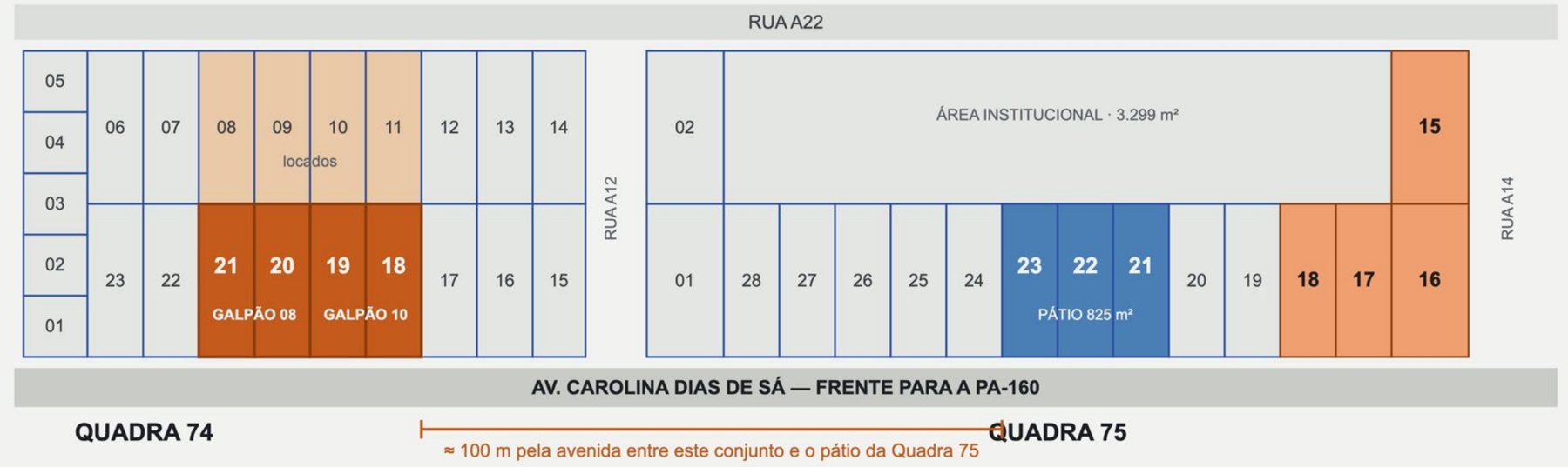 Planta do loteamento com as quadras 74 e 75, mostrando os lotes 21 a 23 da Quadra 75 em azul, o Galpão 15 e os Galpões 8 e 10