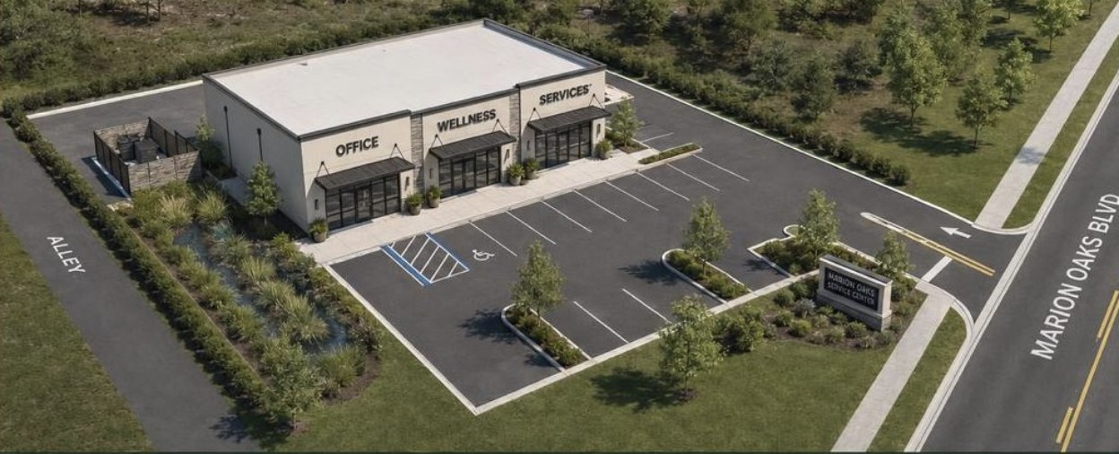 Pre-project for an income-producing commercial building in Marion Oaks. Images: conceptual studies, subject to approvals and permitting; they do not represent a contracted project.